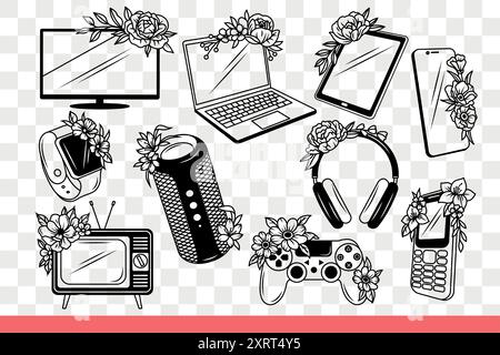 Les appareils et gadgets de technologie électronique décorés de fleurs sont destinés à la détente ou au travail. Ordinateur portable et enceinte sans fil ou smartwatch avec smartphone. Gribouille dessinée à la main Illustration de Vecteur