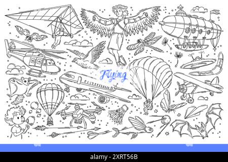 Fond volant avec des avions et hélicoptère ou deltaplane se déplaçant dans le ciel, près de chauve-souris ou quadcopter. Éléments volants symbolisant la liberté et la disponibilité pour les voyages et les longs vols. Gribouille dessinée à la main Illustration de Vecteur