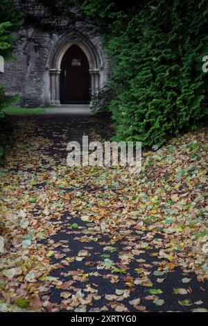 Feuilles d'automne dispersées à travers un chemin menant à une vieille porte d'église. Banque D'Images