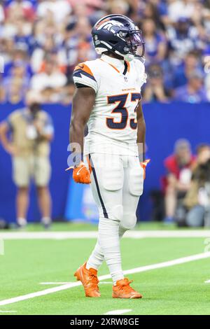 11 août 2024 : Denver Broncos Running back Javonte Williams (33 ans) lors d'un match de pré-saison contre les Colts d'Indianapolis au Lucas Oil Stadium à Indianapolis, Indiana. John Mersits/CSM. Banque D'Images