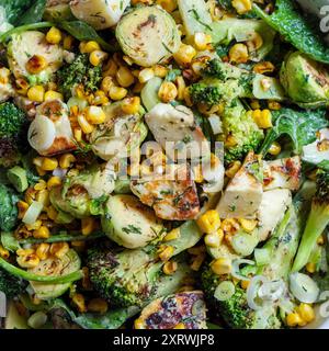 Un plat de légumes frais carbonisés avec choux de bruxelles, fromage grillé, tiges de brocoli, maïs doux, noix écrasées etvinaigrette. Banque D'Images