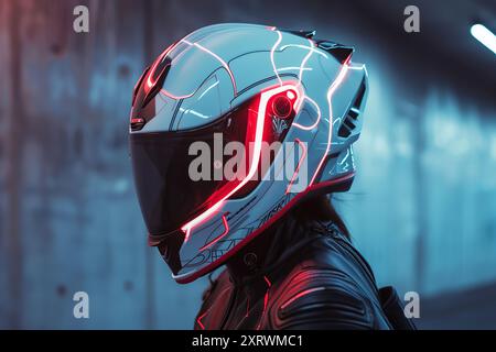 Motard futuriste portant un casque de sécurité high-tech en protégeant la tête du coureur dans la rue urbaine Banque D'Images