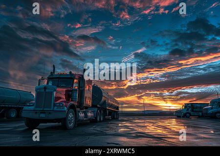 Pneus de roues de camion avec conteneur de fret d'expédition. Conteneur d'expédition de pneus de roues de camion. Semi-camions garés sur une station de repos. Banque D'Images
