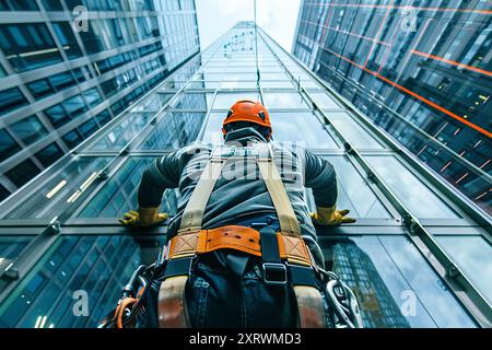 Mur de bâtiment en verre avec lave-vitre descendant la façade. Un grimpeur industriel masculin lave les fenêtres d'un grand gratte-ciel moderne Banque D'Images