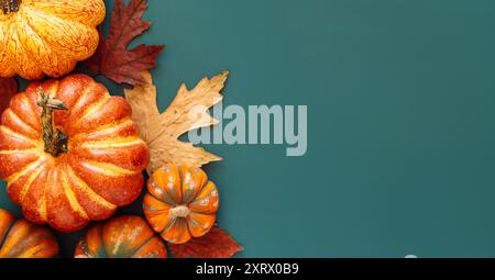 Citrouilles artificielles et feuilles d'érable sèches dans le coin d'un fond vert Banque D'Images