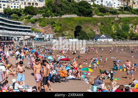 Torquay, Royaume-Uni. 12 août 2024. Les amateurs de plage profitent au maximum du temps le jour le plus chaud de l'année jusqu'à présent, sur la plage de Torquay. Crédit : Thomas Faull/Alamy Live News Banque D'Images