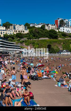 Torquay, Royaume-Uni. 12 août 2024. Les amateurs de plage profitent au maximum du temps le jour le plus chaud de l'année jusqu'à présent, sur la plage de Torquay. Crédit : Thomas Faull/Alamy Live News Banque D'Images