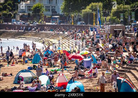 Torquay, Royaume-Uni. 12 août 2024. Les amateurs de plage profitent au maximum du temps le jour le plus chaud de l'année jusqu'à présent, sur la plage de Torquay. Crédit : Thomas Faull/Alamy Live News Banque D'Images