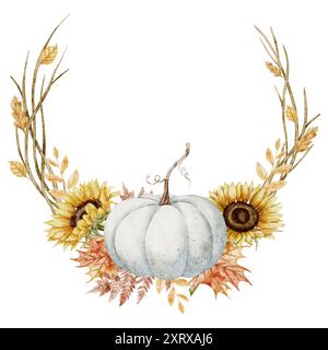 Couronne d'automne avec citrouille, tournesols et feuilles d'automne. Illustration aquarelle de cadre circulaire avec branches d'érable et brindilles pour carte de voeux ou invitation. Modèle botanique pour le festival de récolte Banque D'Images