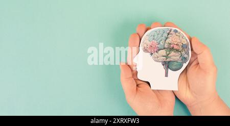 Cerveau humain, concept de santé mentale, attitude positive et inspiration, esprit de pensée créative, fleurs, couleur pastel Banque D'Images