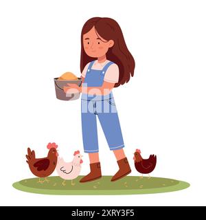 Une agricultrice en vêtements de travail nourrit les poulets. L'enfant de dessin animé donne du poulet à la nourriture sur la cour de volaille. Animal de ferme, poussins dans le village. Illustration de Vecteur