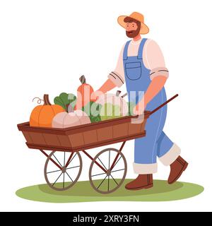 Agriculteur poussant la brouette en bois avec la récolte d'automne de citrouille. Légumes locaux bio. Illustration de Vecteur