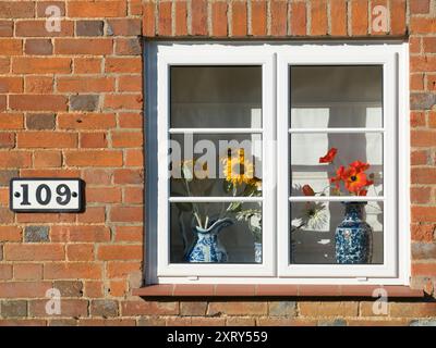 Arrangements floraux vus à travers une fenêtre dans Lower Radley Village. Vous pouvez trouver la beauté abstraite ou des formes et des compositions intéressantes à peu près n'importe où, si vous regardez juste assez dur. Banque D'Images