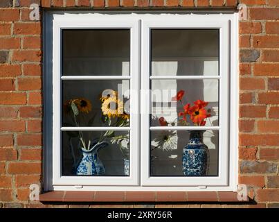 Arrangements floraux vus à travers une fenêtre dans Lower Radley Village. Vous pouvez trouver la beauté abstraite ou des formes et des compositions intéressantes à peu près n'importe où, si vous regardez juste assez dur. Banque D'Images