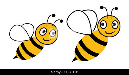 Abeilles amicales dans un style différent. Dessin animé abeilles volantes heureuses avec de grands yeux gentils. Caractère insecte. Vecteur isolé sur blanc. Illustration de Vecteur