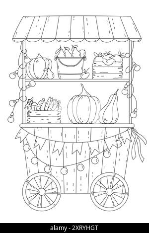 Coloriage pour adultes et enfants caractéristiques panier pour la vente de légumes d'automne - citrouille, maïs, poires et pommes Illustration de Vecteur