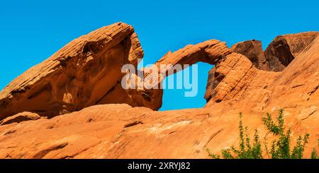 Valley of Fire Arch Rock s'est formé au cours de plusieurs millénaires par les vents et la pluie lavant lentement les matériaux maintenant ses grains de sable ensemble, Nevada Banque D'Images