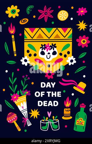 Vacances mexicaines. Affiche de la fête de la mort. Jour des morts. Festival traditionnel du Mexique. Le carnaval de Muertos. Crânes de sucre. Fruits et fleurs. Hispanique Illustration de Vecteur