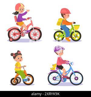 Filles et garçons mignons chevauchant sur des vélos. Des enfants heureux montent des vélos de couleur. Les élèves de dessins animés vont à l'école. Petits cyclistes. Transport des enfants. Enfantin Illustration de Vecteur