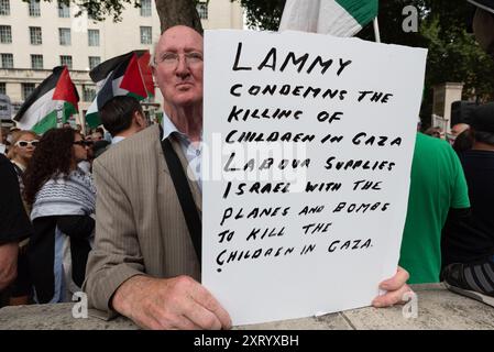 Londres, Royaume-Uni. 12 août 2024. Une pancarte critiquant le ministre des Affaires étrangères David Lammy est perçue alors que des partisans de la Palestine manifestent à Whitehall, Londres, en face de la résidence du premier ministre britannique Keir Starmer, après le bombardement israélien de l'école al-Tabin à Gaza, tuant des dizaines de personnes et en blessant beaucoup plus. L'école abritait des réfugiés fuyant les attaques israéliennes précédentes. Organisé par la Palestine Solidarity Campaign, Stop the War Coalition et les amis d'Al Aqsa, le rassemblement a appelé le Royaume-Uni à cesser d'armer Israël et à un cessez-le-feu immédiat. Crédit : Ron Fassbender/Alamy Live News Banque D'Images