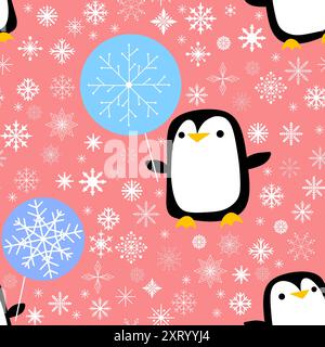 Animaux d'anniversaire pingouin sans couture et motif de neige pour l'emballage du papier et du tissu Banque D'Images