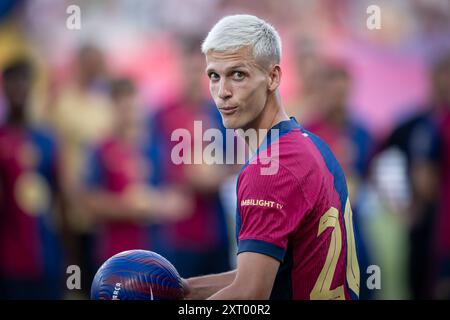 Barcelone, Espagne. 12 août 2024. Dani Olmo (FC Barcelone) sourit lors d’un Trophée Joan Gamper à l’Estadi Olimpic Lluís Companys à Barcelone, Espagne, le 12 août 2024. Photo de Felipe Mondino/Sipa USA crédit : Sipa USA/Alamy Live News Banque D'Images