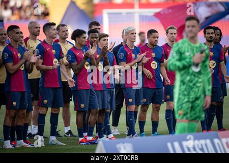 Barcelone, Espagne. 12 août 2024. Dani Olmo (FC Barcelone) sourit lors d’un Trophée Joan Gamper à l’Estadi Olimpic Lluís Companys à Barcelone, Espagne, le 12 août 2024. Photo de Felipe Mondino/Sipa USA crédit : Sipa USA/Alamy Live News Banque D'Images