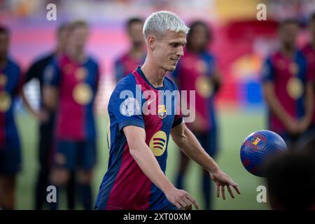 Barcelone, Espagne. 12 août 2024. Dani Olmo (FC Barcelone) sourit lors d’un Trophée Joan Gamper à l’Estadi Olimpic Lluís Companys à Barcelone, Espagne, le 12 août 2024. Photo de Felipe Mondino/Sipa USA crédit : Sipa USA/Alamy Live News Banque D'Images