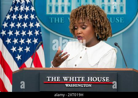 Washington, États-Unis. 12 août 2024. Karine Jean-Pierre, attachée de presse de la Maison Blanche, intervient lors du point de presse quotidien à la Maison Blanche le 12 août 2024 à Washington DC. Photo de Ken Cedeno/UPI crédit : UPI/Alamy Live News Banque D'Images