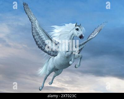 Un magnifique étalon blanc de Pegasus, un cheval mythique légendaire avec des ailes, prend son envol pour le ciel. Banque D'Images