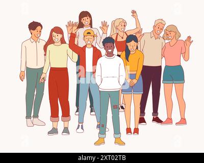 Groupe d'étudiants heureux. Les gars et les filles sourient, les mains de vague, l'équipe multiculturelle, les gens de nationalités diverses, debout ensemble, communauté universitaire Illustration de Vecteur