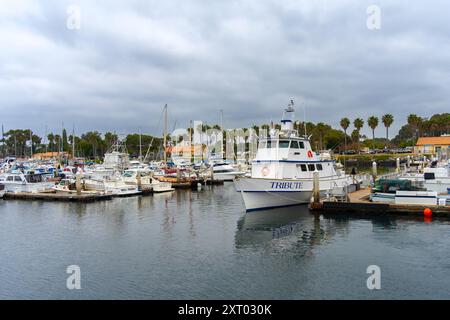 San Diego, CA, États-Unis - 3 mai 2024 : Un bateau de pêche affrété avec le nom de Tribute dans une marina à Mission Bay à San Diego, Californie. Banque D'Images