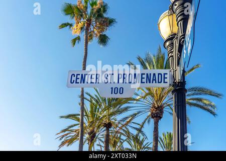 Anaheim, CA, USA - 26 juillet 2024 : panneau Center Street Promenade en blanc avec des palmiers et un ciel bleu situé dans le centre-ville d'Anaheim, Californie Banque D'Images