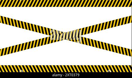 Jeu de rubans d'avertissement horizontaux et croisés avec des barres obliques noires et jaunes imprimées. Bordures d'avertissement dans la zone de travaux de construction. Panneaux d'accès restreint, fermé ou d'urgence. Illustration vectorielle plate. Illustration de Vecteur