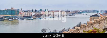 Vue panoramique depuis la colline du château de Buda sur le Danube et logement du quartier de Pest avec le pont Elisabeth, Budapest, Hongrie Banque D'Images