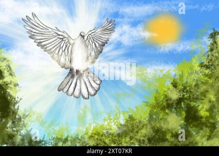 Colombe blanche planant gracieusement à travers un ciel ensoleillé, représentant la paix, l'espoir et de nouveaux débuts Banque D'Images