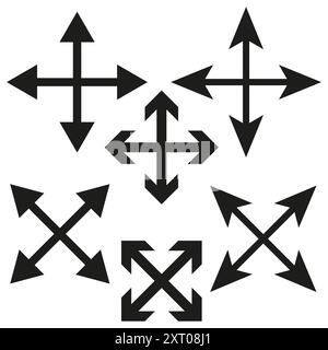 Icônes de flèche directionnelle. Symboles vectoriels à quatre voies. Silhouettes noires. Concept de navigation. Illustration de Vecteur