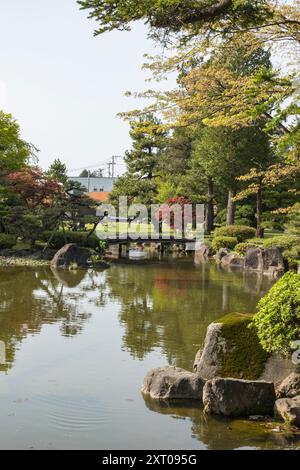 Étang au Fujita Memorial Garden, Hirosaki, au printemps. Banque D'Images