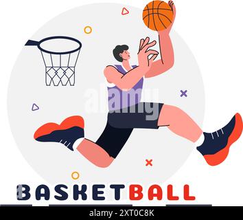 Joyeux jeune homme jouant au basket illustration vectorielle portant un uniforme de basket-ball sur un court pour un tournoi dans un fond de design de style plat Illustration de Vecteur