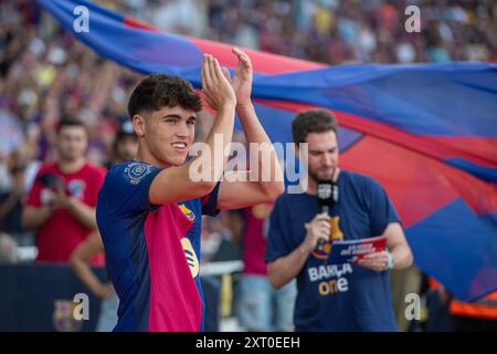 Barcelone, ESP. 12 août 2024. FC BARCELONE vs AS MONACO 12 août 2024 Marc Cubarsi avant le match entre le FC Barcelone et L'AS Monaco correspondant au Trophée Joan Gamper au stade Olimpic de Montjuic à Barcelone, Espagne. Crédit : Rosdemora/Alamy Live News Banque D'Images