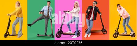 Collage de personnes avec des scooters électriques de coup de pied sur fond de couleur Banque D'Images