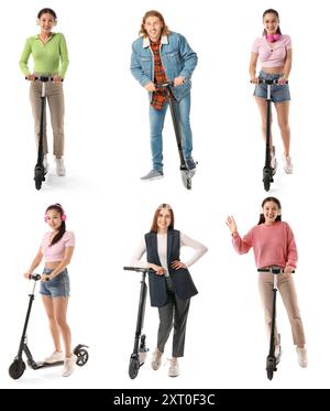 Collage de personnes avec des scooters électriques de coup de pied sur fond blanc Banque D'Images