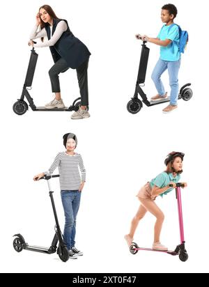 Ensemble de personnes avec des scooters électriques de coup de pied sur fond blanc Banque D'Images