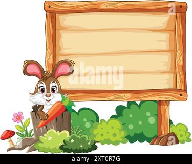 Lapin mignon tenant la carotte près du signe en bois Illustration de Vecteur