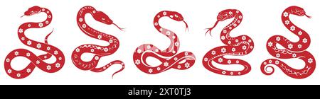 Ensemble d'icônes de serpents avec un motif floral. Joyeux nouvel an chinois 2025 signes du zodiaque Illustration de Vecteur