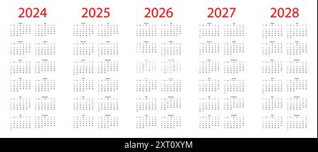 Calendrier 2024, 2025, 2026, 2027 et 2028 ans. Illustration vectorielle. Modèle simple Illustration de Vecteur