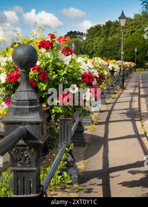 Saint Helen's Wharf est un lieu de beauté remarquable sur la Tamise, juste en amont du pont médiéval à Abingdon-on-Thames. Le quai a été pendant des siècles une importante liaison de transport et de navigation jusqu'à la Tamise et entre les canaux d'Oxford et les Midlands. Les belles maisons de marchands côtoient les maisons d'aumônes et l'église Saint Helens de l'époque saxonne. Ici, nous voyons le quai, vu par une belle journée de mi-été, resplendissant avec des paniers floraux vifs et débordants. Banque D'Images