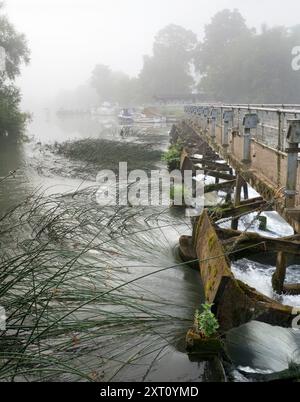 Abingdon-on-Thames prétend être la plus ancienne ville d'Angleterre. Et la Tamise traverse son cœur. Ici, nous avons son barrage, juste en amont de son pont médiéval, obstrué au point de rencontre de la rivière avec l'affluent Abbey Spring. Ce déversoir jouxte l'écluse d'Abingdon. Et c'est un matin d'été brumeux. Banque D'Images