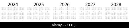 Modèle de calendrier pour 2024, 2025, 2026, 2027 et 2028 ans. La semaine commence le lundi Illustration de Vecteur