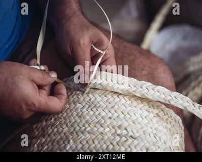 Image gros plan capturant les mains d'un artisan tissant un panier avec des bandes palmito la mise au point met en valeur la technique détaillée et artistique Banque D'Images